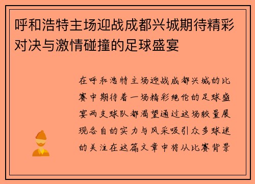 呼和浩特主场迎战成都兴城期待精彩对决与激情碰撞的足球盛宴